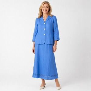 Susan Bristol Vintage 100% Linen 2 Piece Skirt Set Blue Embroidered Size 12 Med